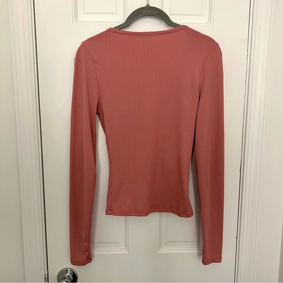 Rue21 Ribbed Long Sleeve V Neck Top, Pink Button Vneck Shirt with Sleeves Rib - Picture 2 of 8